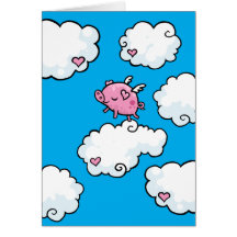 Flying pig dances on clouds greeting card