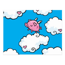 Flying pig dances on clouds post card