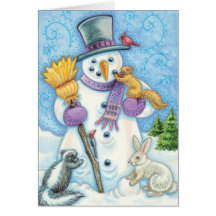Forest Creatures Building a Snowman Card