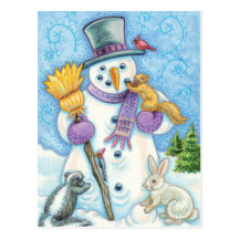 Forest Creatures Building a Snowman for Christmas Postcard