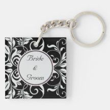 Formal White Damask Black Wedding Keychain