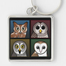 Four Colour Owls (dark) Keychain