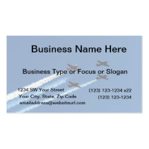 four flying planes with trails blue sky business cards