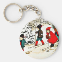 Four People snow slading in the snow land Key Chain
