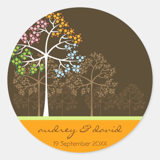 Four Seasons Trees on Brown Seal / Favour / Gift Round Stickers