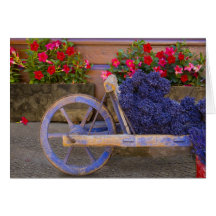 France, Provence, Sault. Old wooden cart with Card
