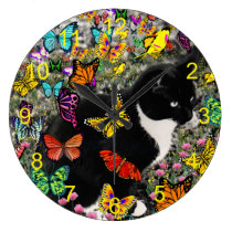 Freckles in Butterflies - Tux Cat Yellow wall clocks