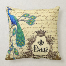 French Script Peacock Paris Decorative Pillow