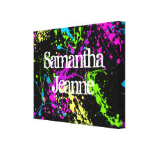 Fresh Retro Neon Paint Splatter on Black Stretched Canvas Print