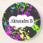 Fresh Retro Neon Paint Splatter on Black Beverage Coaster