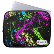 Fresh Retro Neon Paint Splatter on Black Computer Sleeves