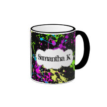 Fresh Retro Neon Paint Splatter on Black Coffee Mugs