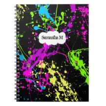 Fresh Retro Neon Paint Splatter on Black Spiral Note Book