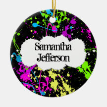 Fresh Retro Neon Paint Splatter on Black Christmas Tree Ornament
