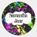 Fresh Retro Neon Paint Splatter on Black Round Stickers