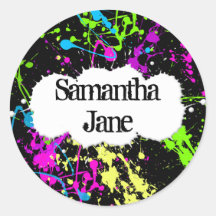 Fresh Retro Neon Paint Splatter on Black Round Stickers