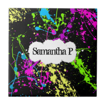 Fresh Retro Neon Paint Splatter on Black Ceramic Tiles