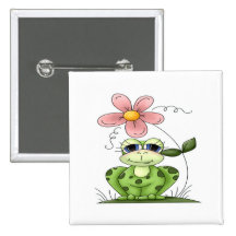Frog with flower pinback button