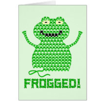 Frogged! Vector Crochet Frog (Green Background) Greeting Cards