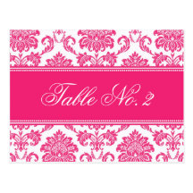 Fuchsia Damask Wedding Table Number Postcard