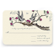 Fuchsia & Grey Vintage Birds Wedding Invitations