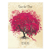 Fuchsia Heart Leaf Tree Wedding Save The Date Postcards