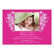 Fuchsia Pink Flourish New Baby Birth Annoucement Personalized Invitations