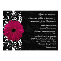 Fuchsia Scroll Gerbera Daisy w/Black and White Personalized Invitation