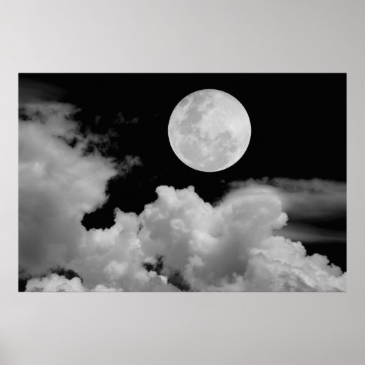 FULL MOON CLOUDS BLACK AND WHITE POSTER