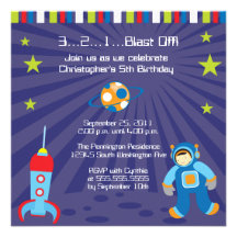 Fun blast off spaceship boys birthday party invite