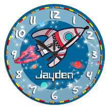 Fun kids boys rocket space blue aqua wall clock