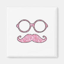 FUN MUSTACHE AND GLASSES, PRINTED PINK GLITTER FRIDGE MAGNETS