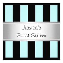Fun Sweet 16 Light Blue Black Stripes Silver Party Custom Announcement