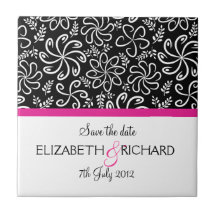 Funky black white flowers "Save the date" Tile