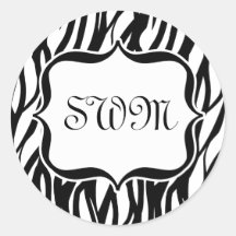 Funky Black/White Zebra Monogram Round Sticker