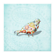 Funky Little Whimsical Doodle Bird on Aqua Paisley Gallery Wrap Canvas