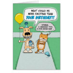 Funny birthday card: Happy Dog and Grumpy Cat
