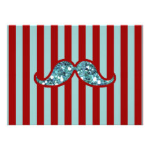 FUNNY BLUE MUSTACHE GLITTER RED STRIPES CUSTOM INVITES