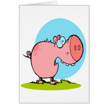 funny fat piggy pig looking scared greeting cards