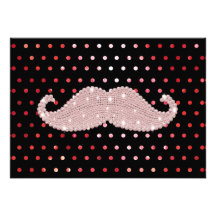 Funny Girly Pink Bling Moustache Polka Dots Patter Invites