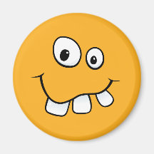 Funny goofy smiley face with big teeth, orange fridge magnet
