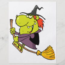 funny green witch riding broomstick on halloween full color flyer
