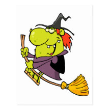 funny green witch riding broomstick on halloween post cards