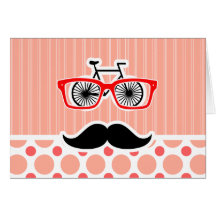 Funny Hipster Mustache; Coral & Pink Dots Card