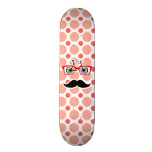 Funny Hipster Mustache; Coral & Pink Dots Custom Skate Board