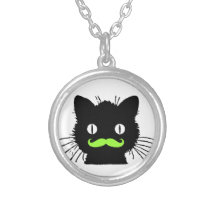 FUNNY LIME GREEN MUSTACHE VINTAGE BLACK CAT NECKLACES