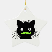 FUNNY LIME GREEN MUSTACHE VINTAGE BLACK CAT CHRISTMAS ORNAMENT