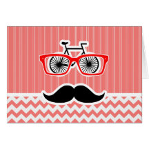 Funny Mustache; Coral Chevron Card