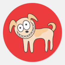 Funny puppy dog cute kids animal cartoon on red round stickers