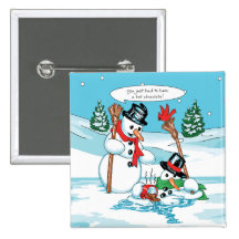 Funny Snowman with Hot Chocolate Cartoon Pinback Button